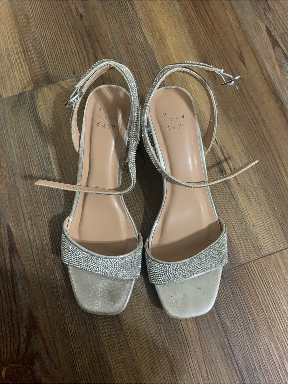 a new day Silver Rhinestone Ankle-Strap Block Heel Sandals